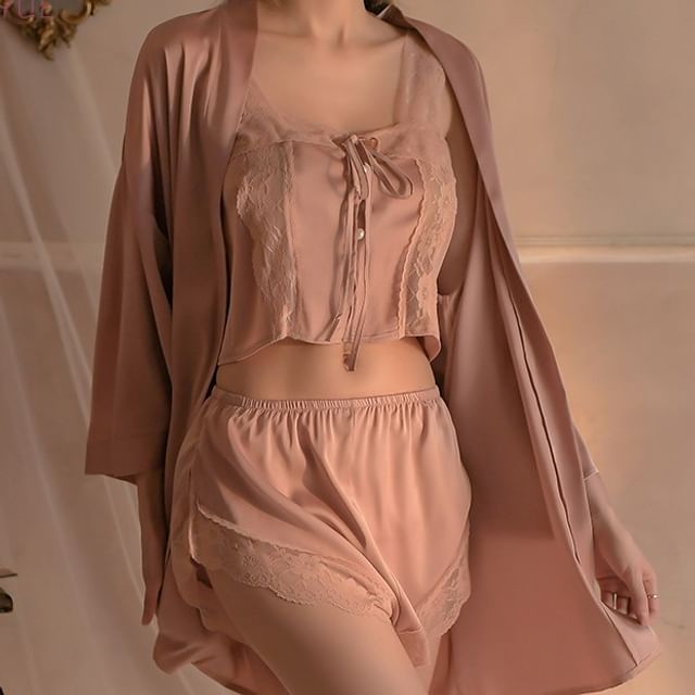 Candyiry-Sleeveless Lace Pajama Top Bottom Robe Set