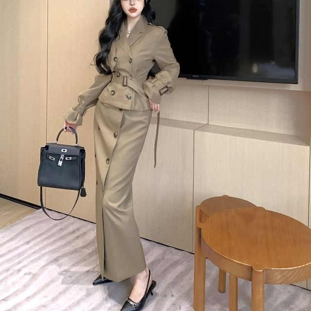 plain tie waist belt double breasted jacket