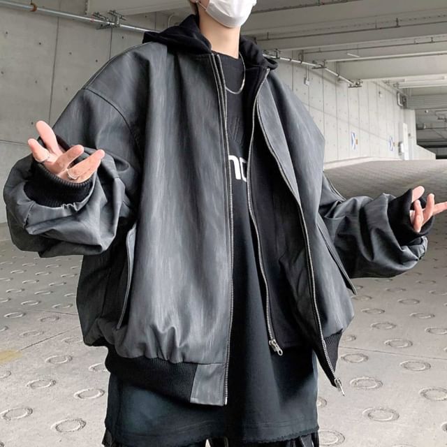 Real Boy-Hooded Mock Two Piece Zip Bomber Jacket