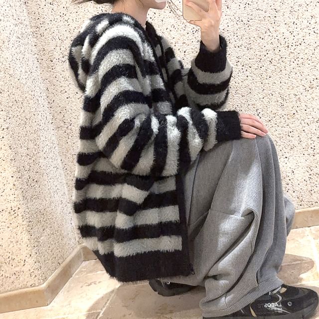 Glotto-Striped Drawstring Hooded Zip Cardigan