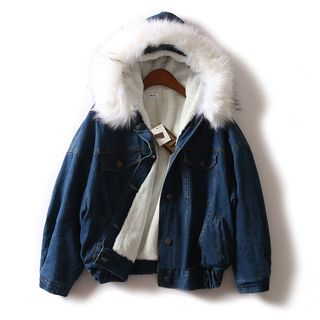 fur hooded denim jacket