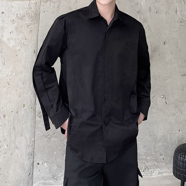 Adothuiastic-Long-Sleeve Plain Button-Up Shirt