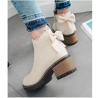Freesia Faux Leather Bow Block Heel Ankle Boots