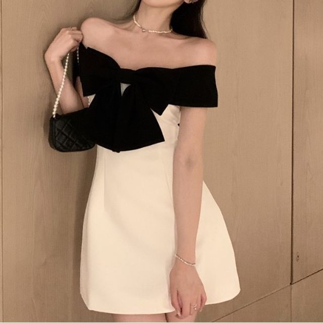 strapless open back dress Self Portrait off Shoulder Bow Mini Dress / Size 6-8 main image 0