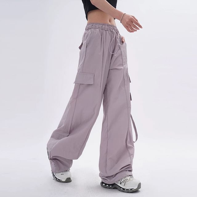 Koiyua-Drawstring Waist Plain Wide Leg Cargo Pants