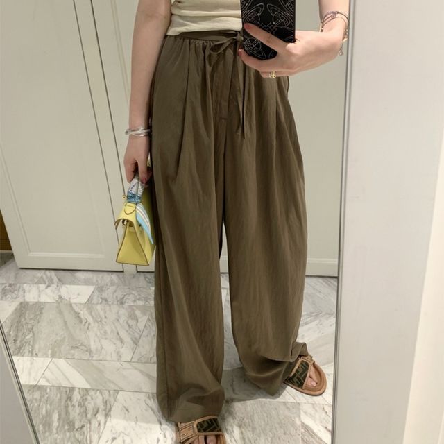 Everose-Drawstring Waist Plain Wide Leg Pants