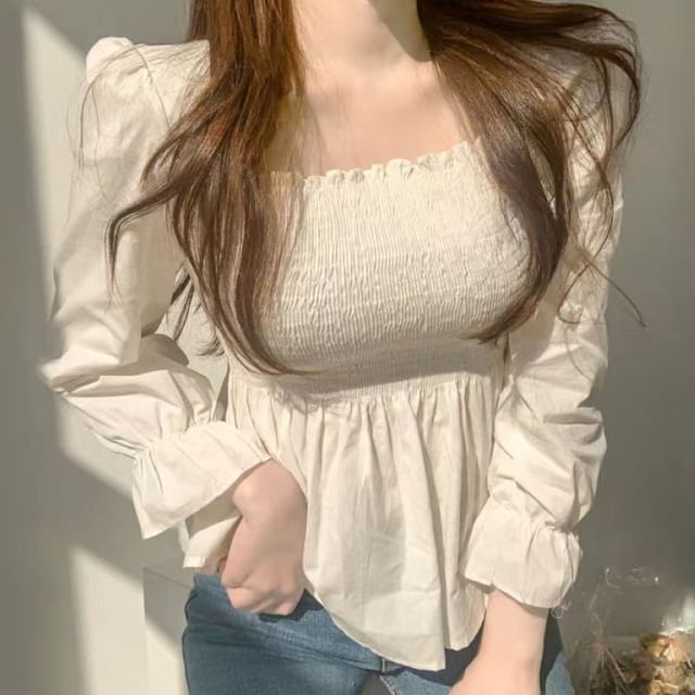 Yako-Long Sleeve Square Neck Plain Shirred Top
