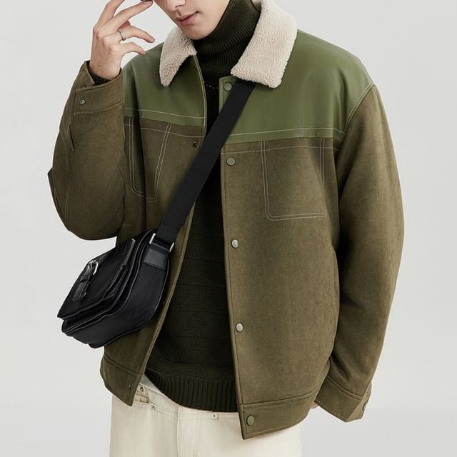 Urtishia-Contrast Collar Fleece-Lined Button-Up Jacket
