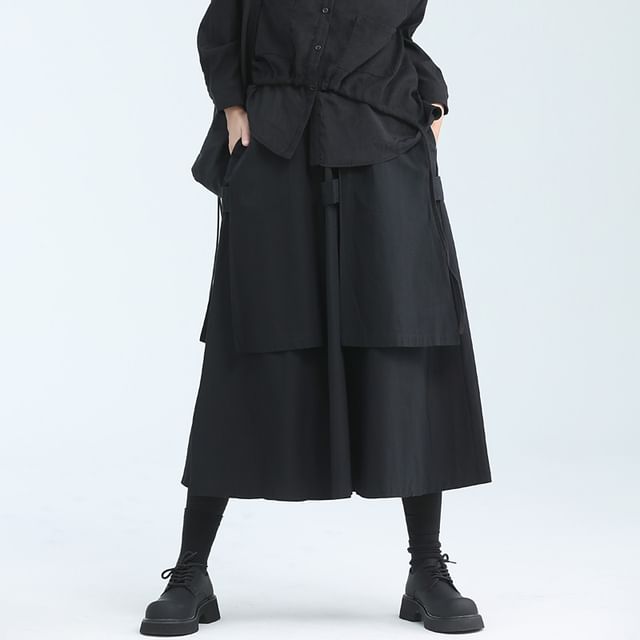 SIMPLE BLACK-High Waist Plain Layered Midi A-Line Skirt