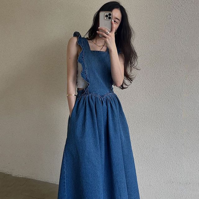 Square Neck Wide Strap Denim Overall Dress