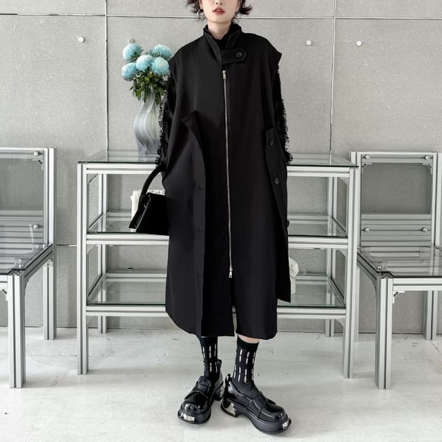 KUMI-Stand Collar Plain Buttoned Zip-Up Long Vest