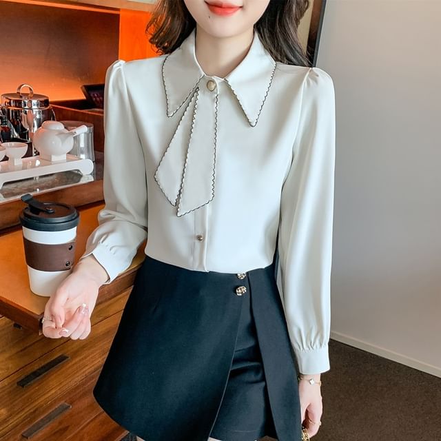 Sienne-Long-Sleeve Tie Neck Plain Shirt