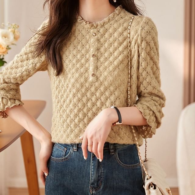 Jeonseon-Long-Sleeve Plain Frill Trim Blouse