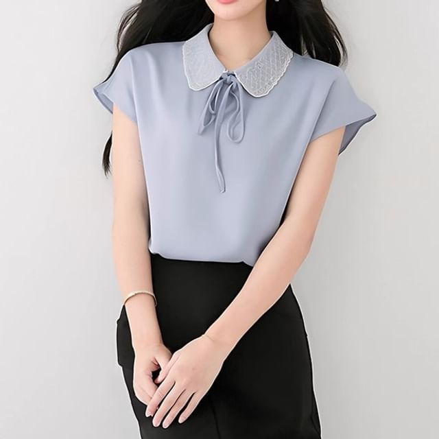 Dragan Pulse-Cap-Sleeve Collared Tie Neck Blouse