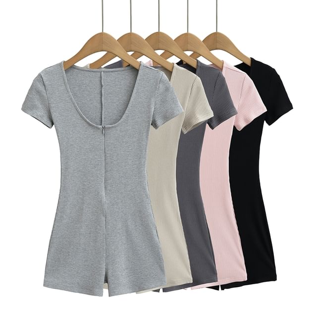 Ulark-Short-Sleeve Scoop Neck Half-Zip Plain Romper