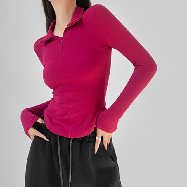 Everose-Long-Sleeve Collared Plain Half-Zip Slim-Fit Tee