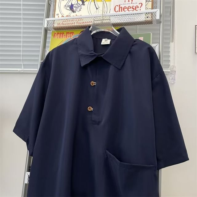Ateso-Short Sleeve Lapel Plain Loose Shirt