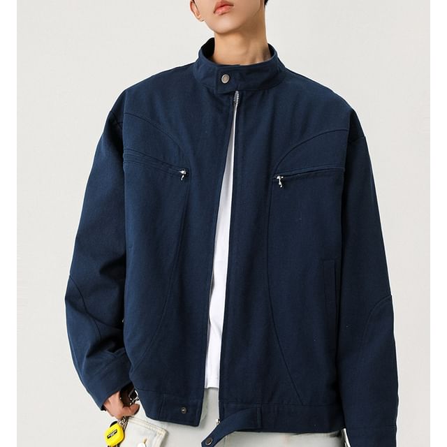 AXEN-Stand Collar Zip-Up Plain Jacket