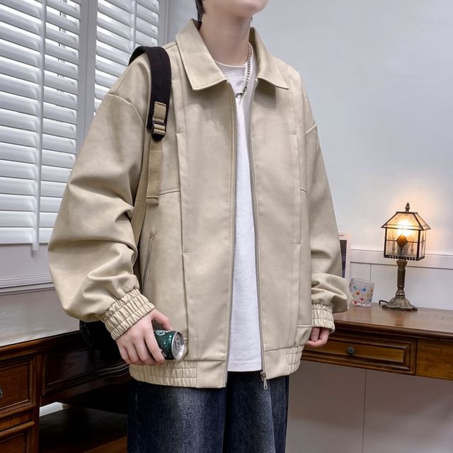 Stone Leo-Collar Plain Zip Jacket
