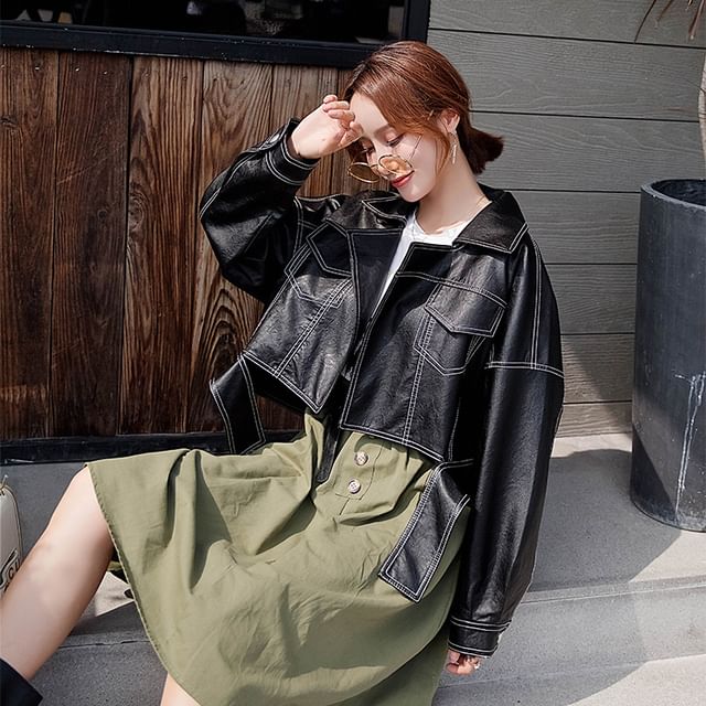 JVL-Long Sleeve Lapel Neckline Stitching Crop Leather Jacket