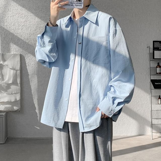 Priam-Long Sleeve Collared Plain Button Up Shirt