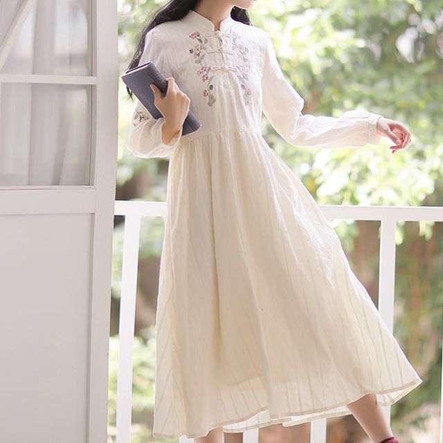 Back Bow Neck Dress Nebbia Long Sleeve Collared Plain Bow Ruffle Midi  A-Line Dress YesStyle