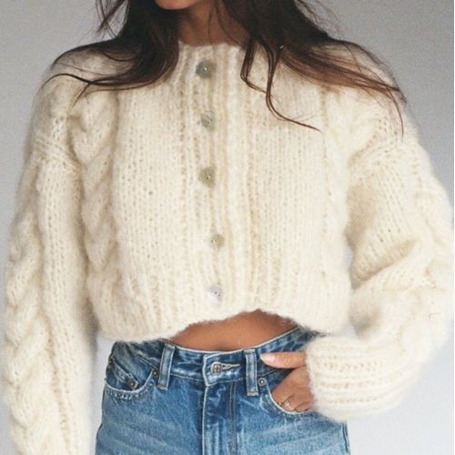 Long-Sleeve Cable-Knit Cropped Cardigan