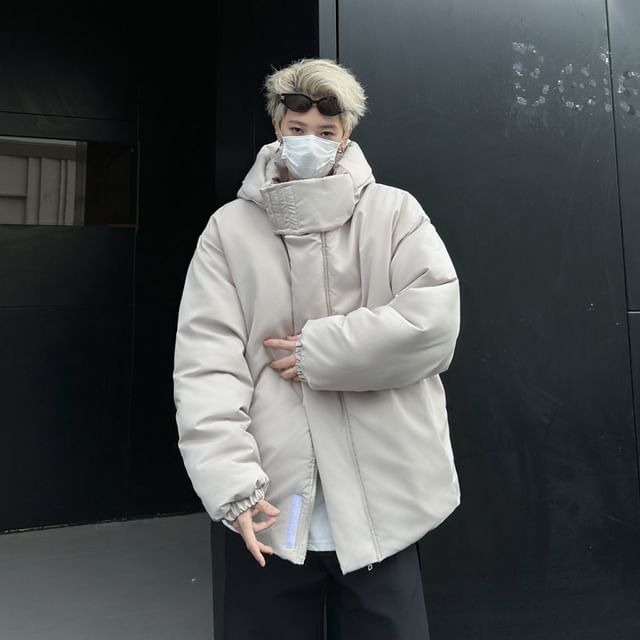 Bay Go Mall-Plain Hooded Zip Puffer Jacket