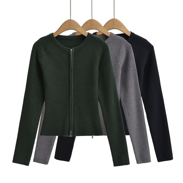 Ulark-Round Neck Plain Zip Cardigan