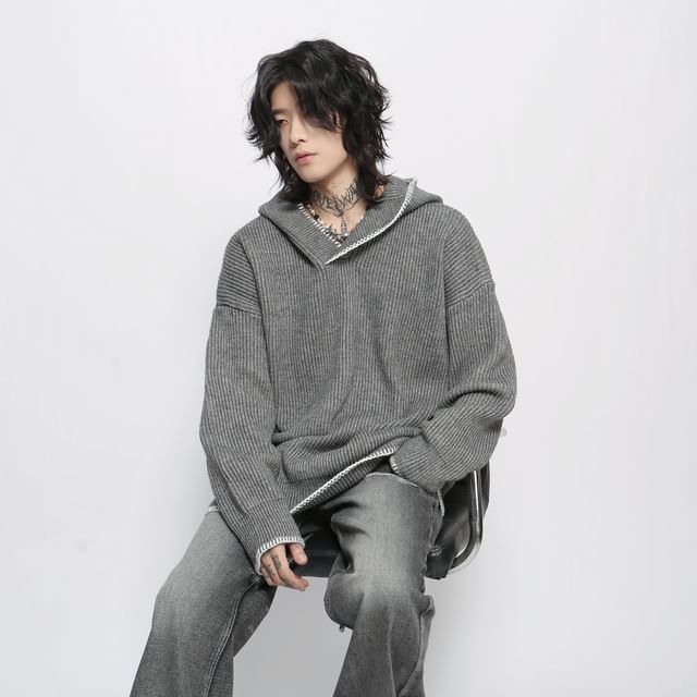 Derbundy-Drop Shoulder Shawl Collar Contrast Trim Oversized Ribbed Knit Sweater