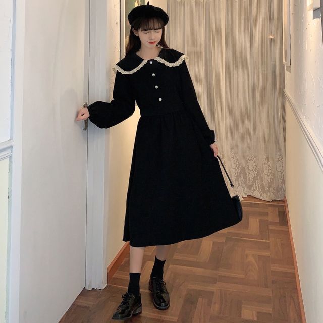 Cossita - Corduroy Lace Trim Peter Pan Collar Long-Sleeve A-line Maxi Dress | YesStyle Cossita - Corduroy Lace Trim Peter Pan Collar Long-Sleeve A-line Maxi Dress | YesStyle