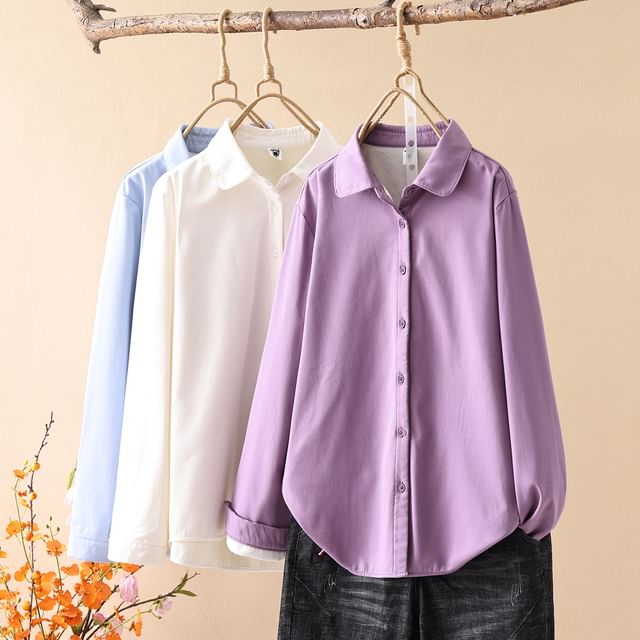 PANDAGO-Long-Sleeve Peter Pan Collar Plain Fleece-Lined Button-Up Blouse