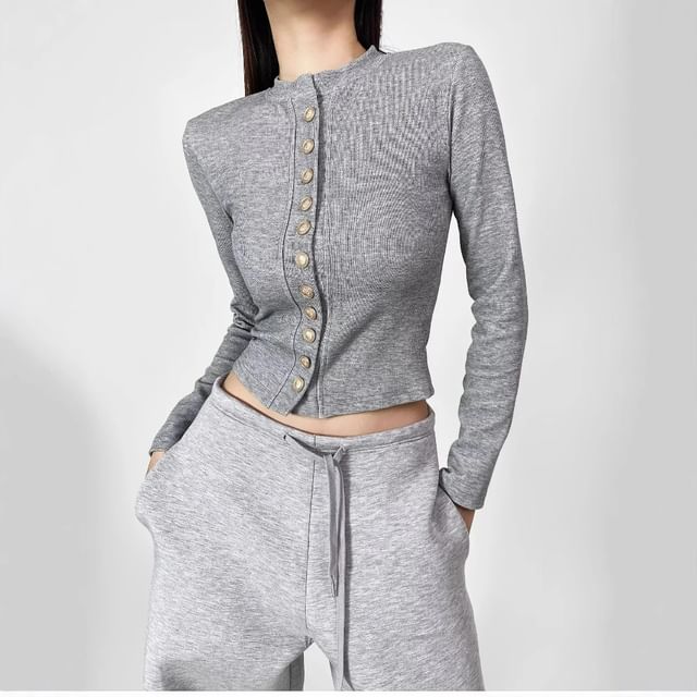 Asiris-Long-Sleeve Round Neck Plain Button-Up Cropped T-Shirt