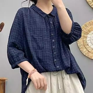 PANDAGO-34 Sleeve Collared Solid Loose Fit Shirt