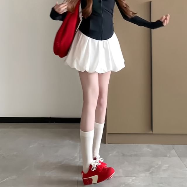 evanesce-High Waist Plain Mini Skirt