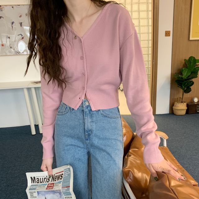 monroll-V-Neck Plain Crop Cardigan