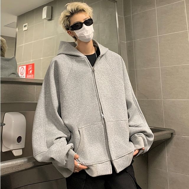 Orungeetun-Plain Oversized Zip Hoodie
