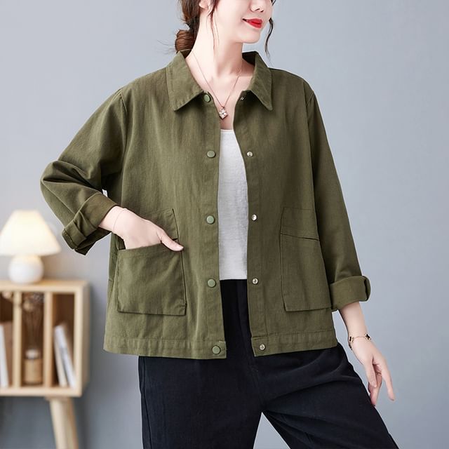 MIKIGA-Collared Plain Button Shacket