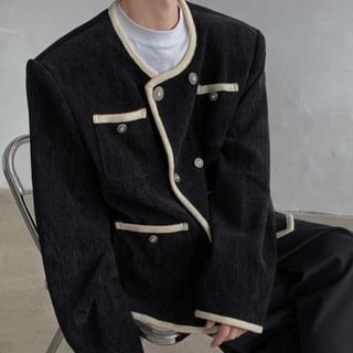 ravewider-Crew Neck Contrast Trim Double-Breasted Jacket