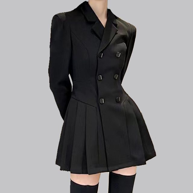 Rosamira-Long-Sleeve Notch Lapel Plain Pleated Double Breasted Mini A-Line Blazer Dress