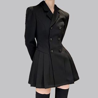 Alberlino Long-Sleeve Notch Lapel Plain Pleated Double Breasted Mini A-Line Coat Dress Sale