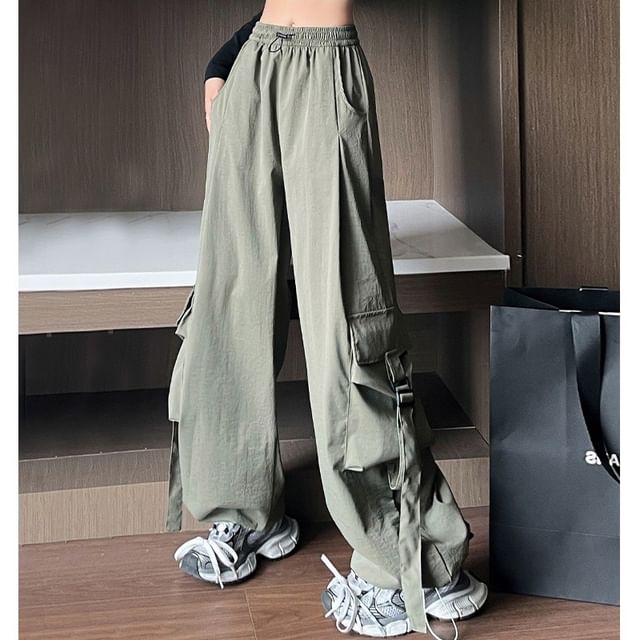 Sienne-Drawstring Waist Plain Wide Leg Cargo Pants