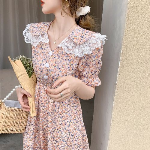 Fitwefitho - Short-Sleeve Lace Collar Floral Print A-Line Midi