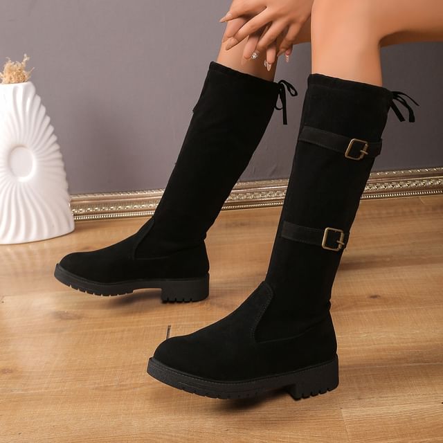 Asterisk-Platform Plain Buckled Tall Boots