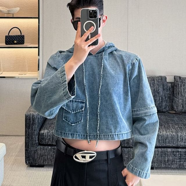 Freehop-Washed Denim Cropped Hoodie