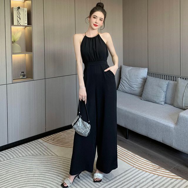 Yilda-Spaghetti-Strap Halter Neck Wide Leg Jumpsuit