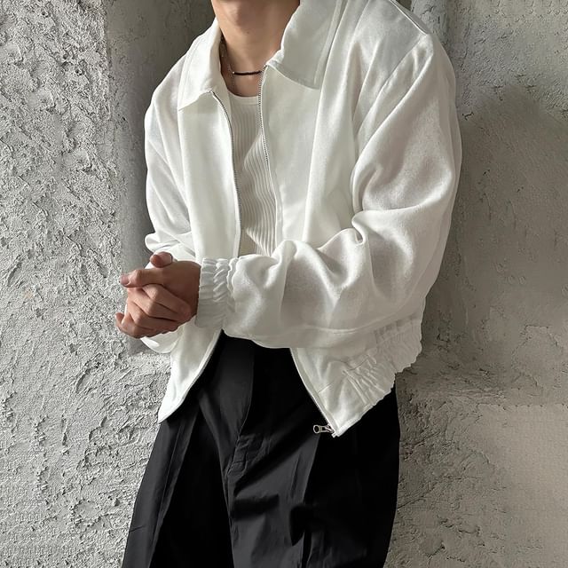 Okwano-Long Sleeve Collared Plain Zip Up Jacket