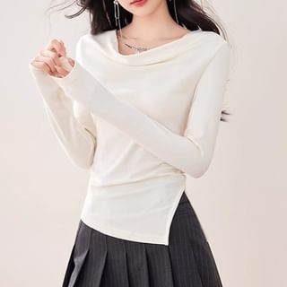 Dragan Pulse-Long Sleeve Cowl Neck Plain Asymmetrical Slit Top