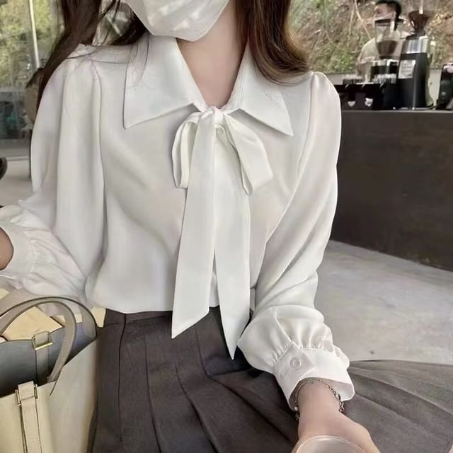 Essere-Long-Sleeve Tie-Neck Plain Shirt