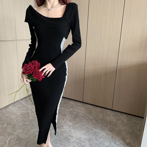 BDARE - Long-Sleeve Asymmetrical Neckline Lace Trim Knit Sheath